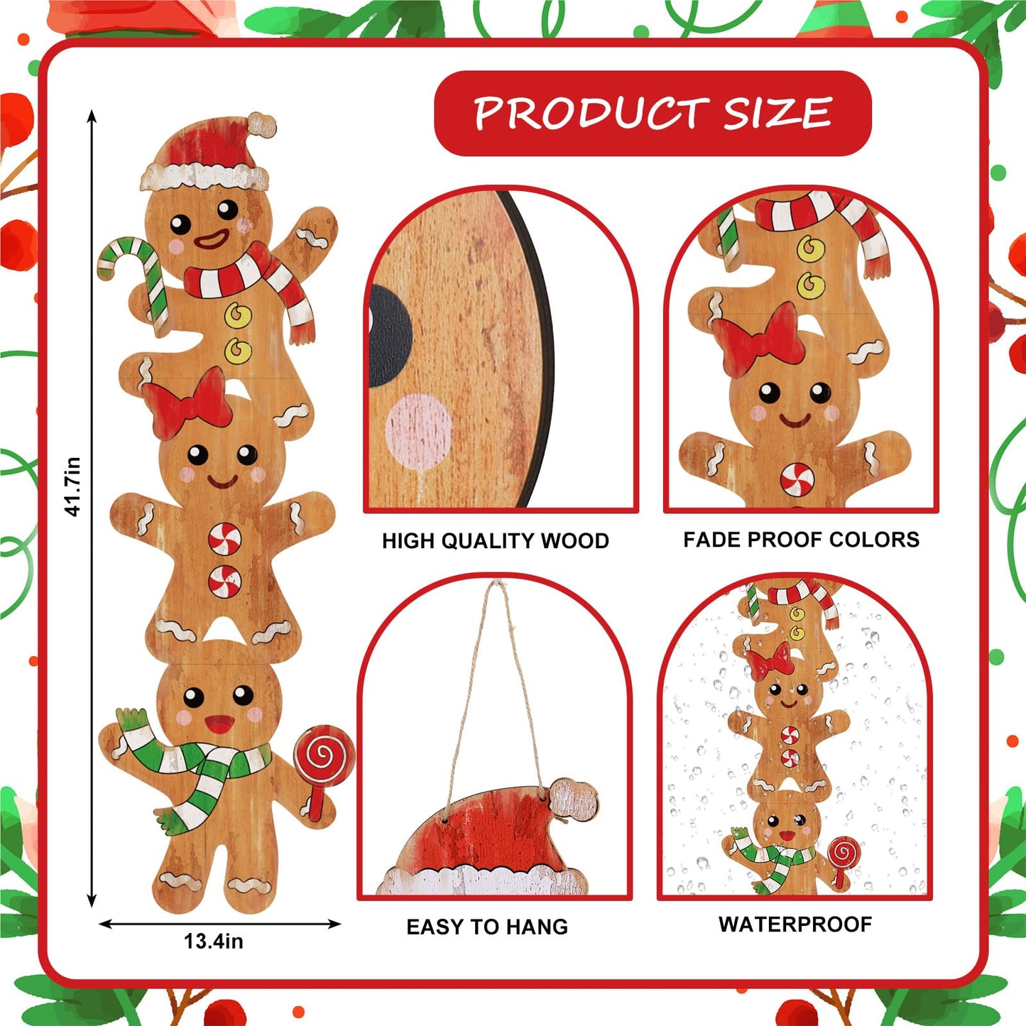 Whaline 41.7in Christmas Gingerbread Man Wooden Porch Sign Hanging Welcome Sign Farmhouse Front Door Hanger for Xmas Home Party Wall Decoration