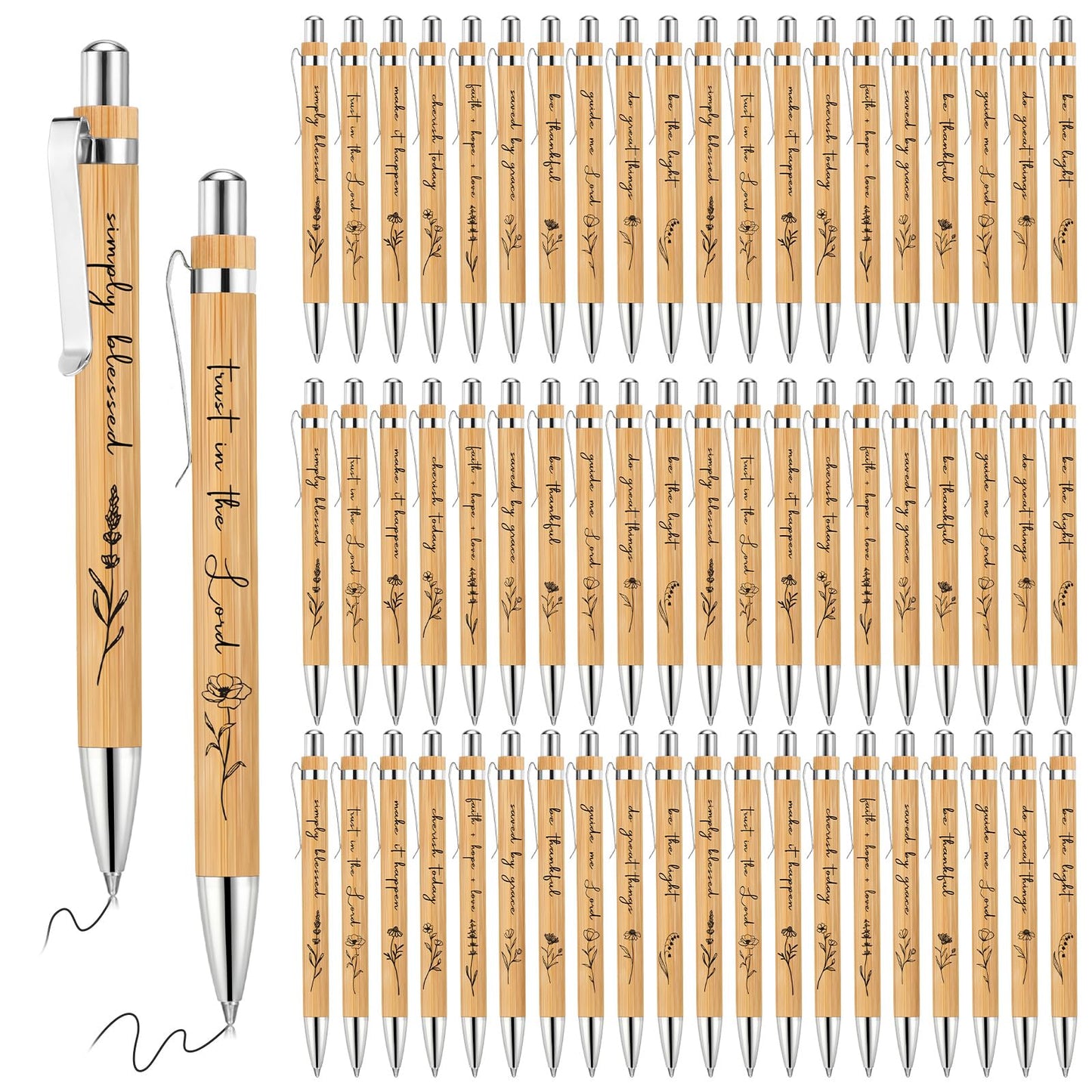 Watersay 30 Pcs Inspirational Bamboo Ballpoint Pens Positive Gifts Bulk Flower Thank You Pens Employee Appreciation Gifts for Coworkers Student Teacher Office