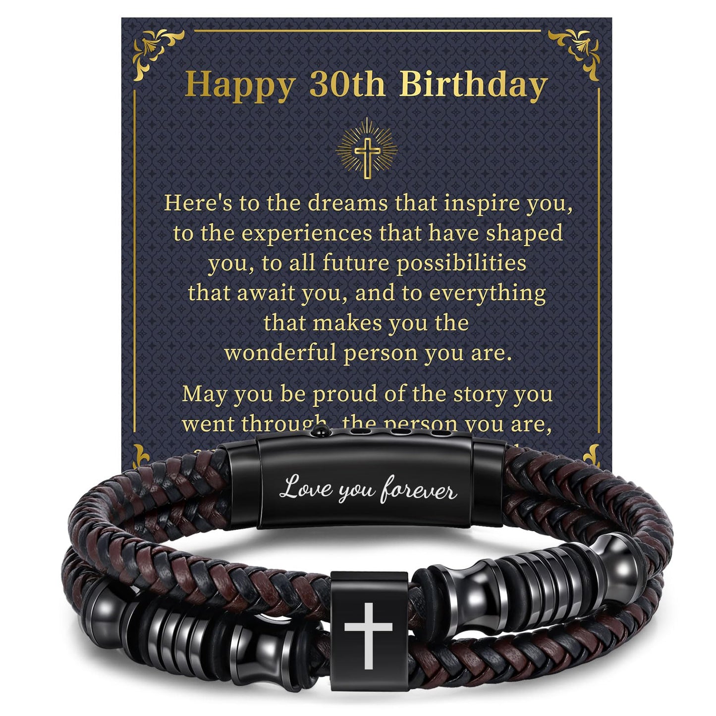 30th Birthday Cross Bracelets Gifts for Men - Adjustable Double-Row Braided Leather Bracelet Faith Religious Catholic Christian Easter Jewelry Gift Happy Birthday Bracelet for Papa Grandpa Brother
