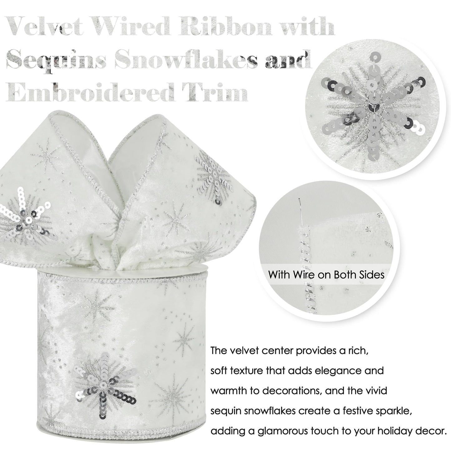 HUIHUANG White Christmas Ribbon 4 Inch Velvet Wired With Sequin Snowflakes - Silver and White for Tree Decoration, Top Bows, Garlands, Staircases, Wreaths - 10 Yards
