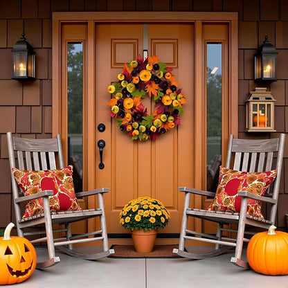 YULETIME 24" Fall Wreath, Artificial Autumn Wreath with Red, Orange, Green Maple Leaves and Orange, Purple, Green-Yellow Pumpkins (Pumpkin & Maple Leaf)