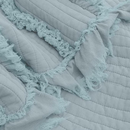 Ultra Soft Pre-Washed Quilted Boho Blue Green Twin Size Blankets for Bed, Ruffle Fringed Decorative Throw, Stone Washed Chic Rustic Blanket for Sofa Couch Bed, 60"*80"