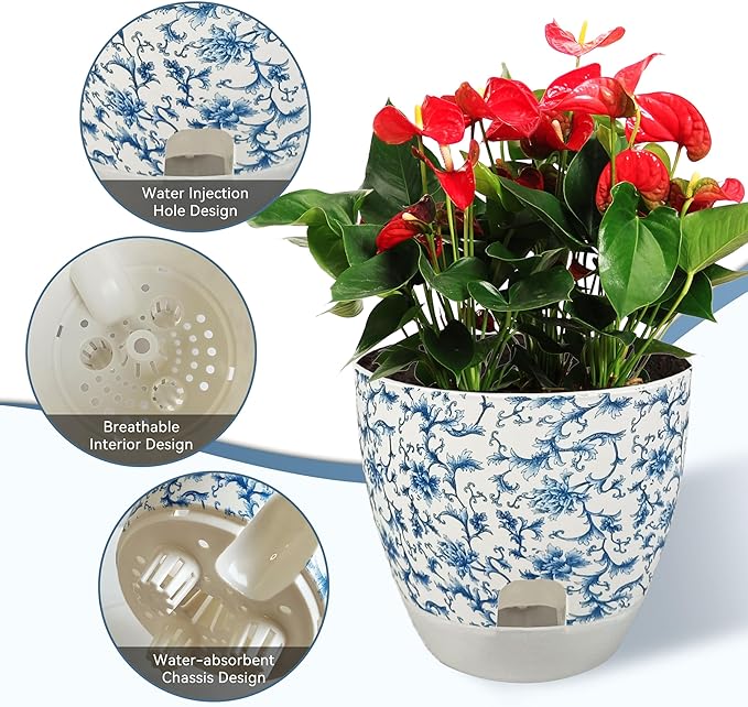 Print Flowerpots Round Plant Pots - 2 Pack Outdoor Garden Planter Plastic Indoor Modern Decorative Succulent Houseplant Pot with Drainage 5FP-BLUWHT