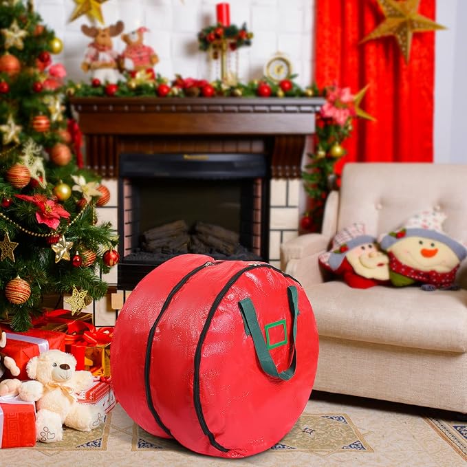 Double Layer Christmas Wreath Storage Container Bag Wreath Storage Pure Color Seasonal Garland Holiday Container Festive Box with Dual Zippers and Handles for Xmas(24 Inch,Red)