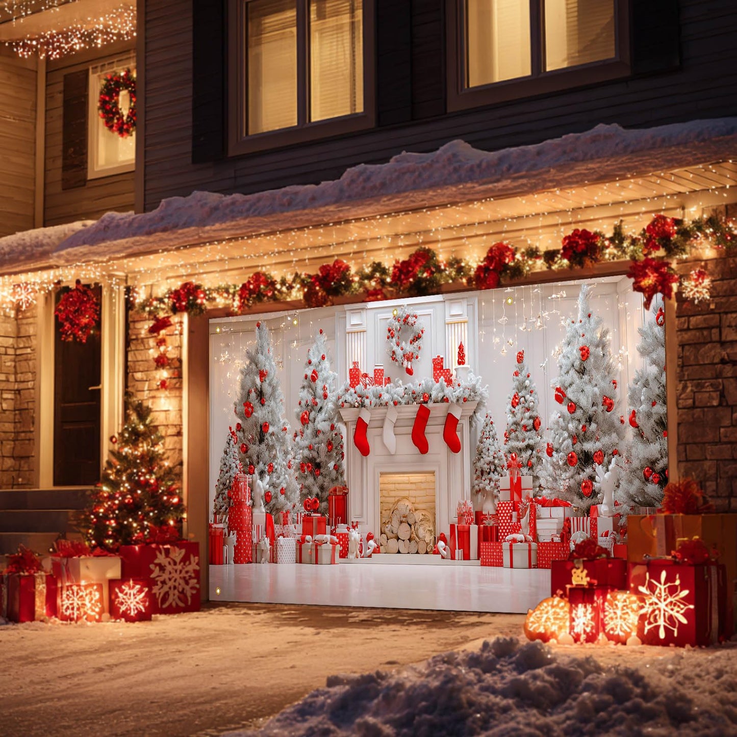 HOMETITUTE Christmas Garage Door Banner 13x6ft Red and White Fireplace Backdrop with Xmas Tree Stockings Gift Boxesand Lights Holiday Yard Wall Setting for Outdoor Party Setting Settingation