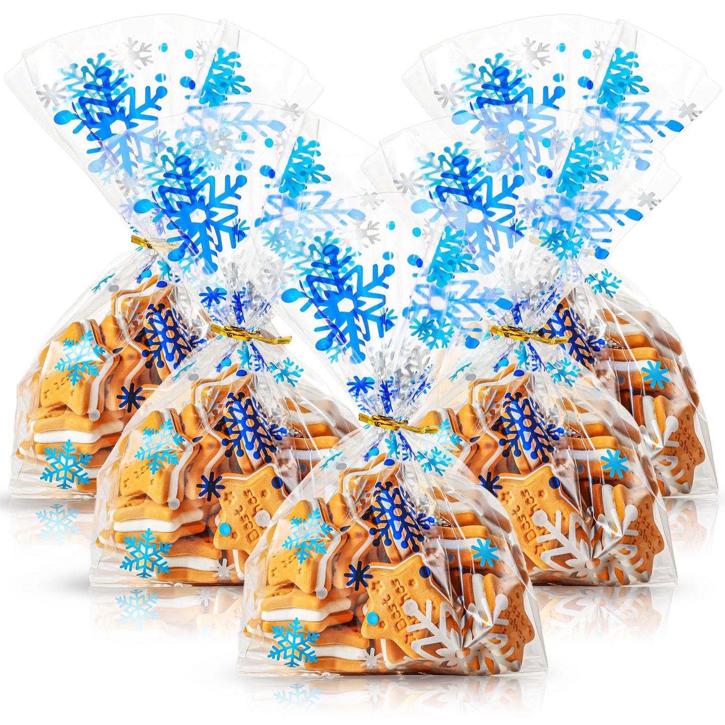 HESTYA 50 Counts 5 x 11 Inches Christmas Flat Clear Cellophane Treat Bags Block Bottom Patterned Storage Sweet Bags Twist Ties for Xmas Party Favor(Light blue, Blue, Silver Snowflake)