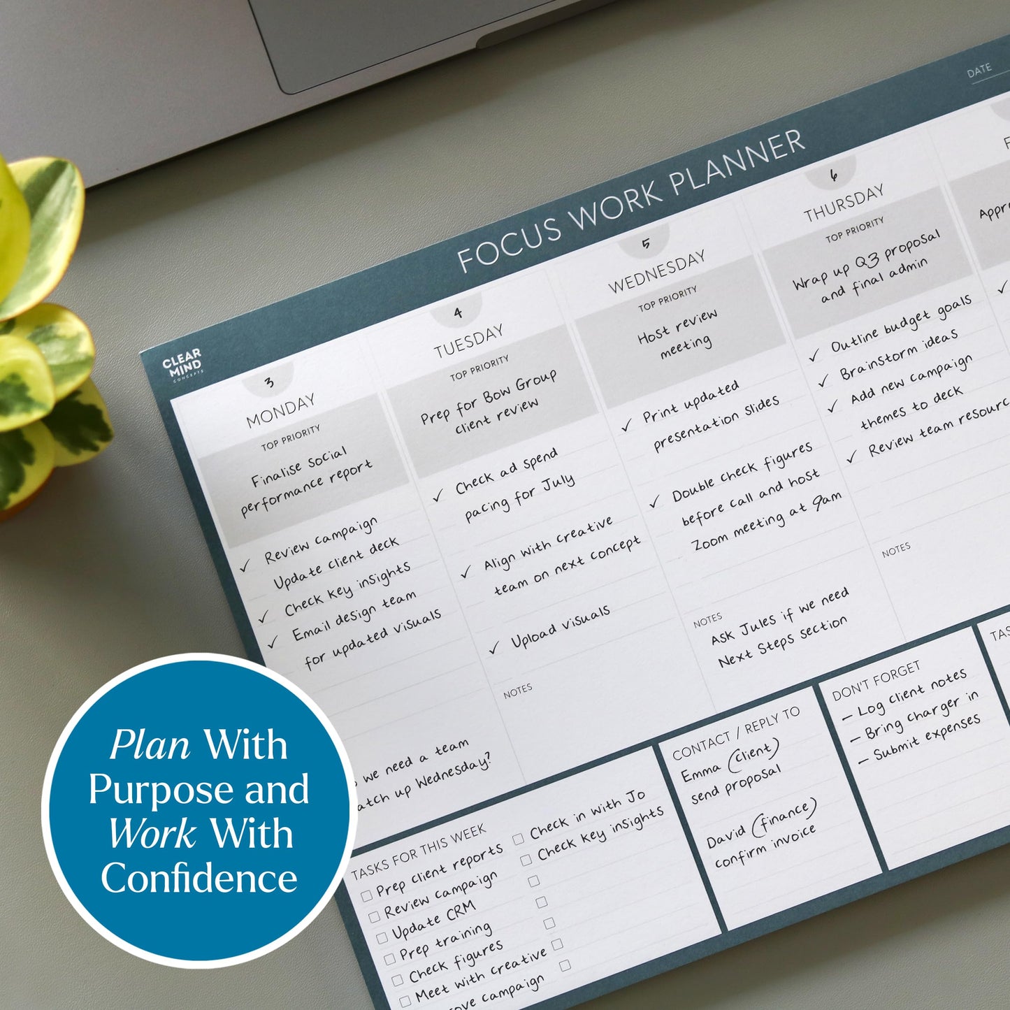 Clear Mind Concepts Focus Work Planner - Weekly Productivity Desk Organizer, 52 Undated Tear-Off Sheets, Mon-Fri Layout, 11.7” x 8.3” - Track Priorities, Tasks, Notes & Goals for Office & Remote Work
