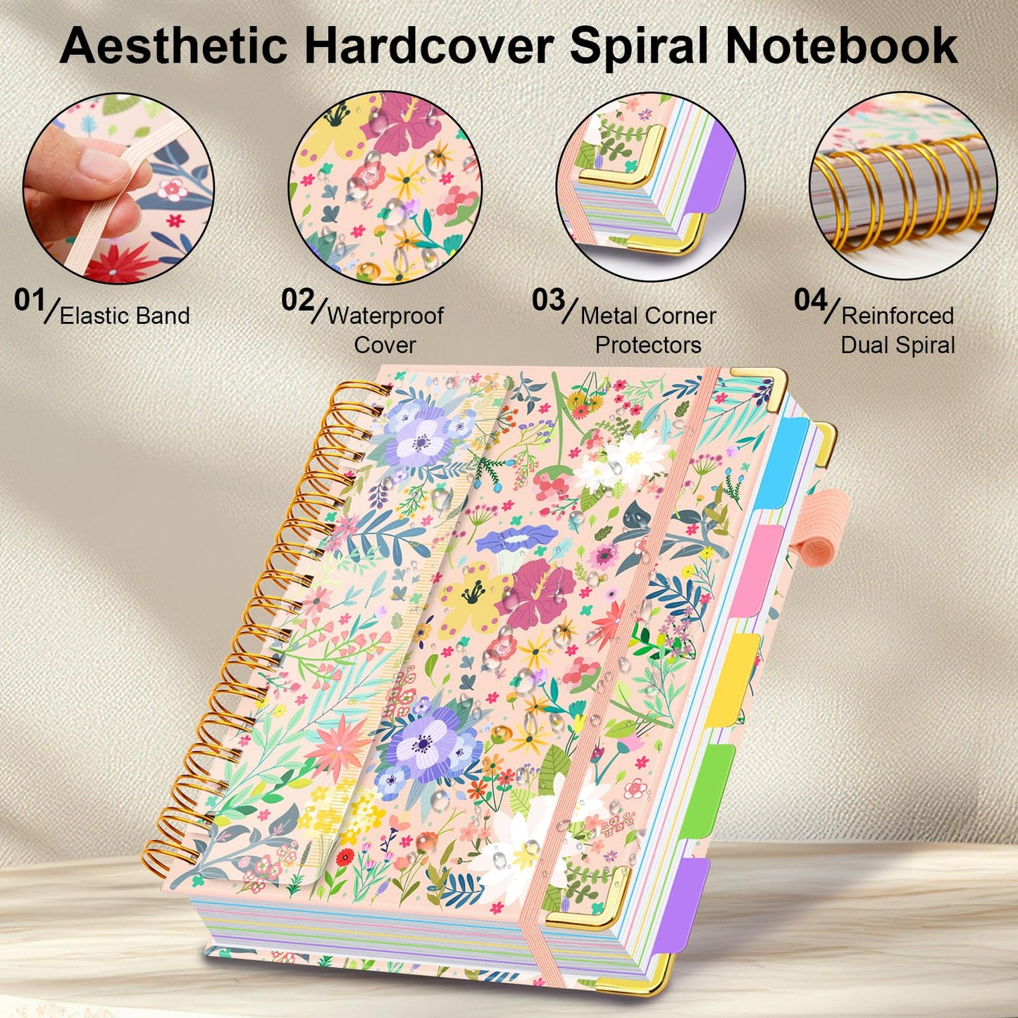 Spiral Journal Notebooks for Work, 300 Pages 5 Subject Notebook College Ruled with Dividers & Tabs, 8''x 10'' Large Notebook Journal for Women Students Note-Taking and Organizer (Beige Bloom)