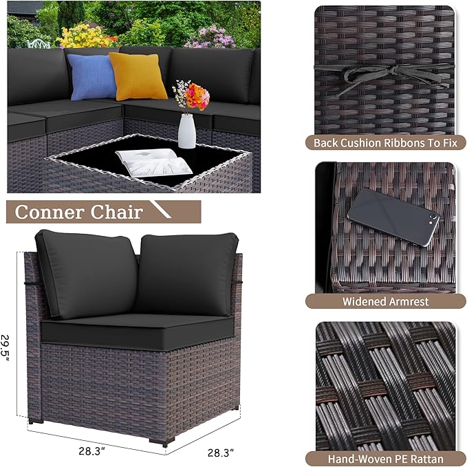 Kurapika 7 Pieces Patio Furniture Set, Rattan Outdoor Conversation Sets w/43in Propane Fire Pit Table and 4 Inch Cushion(Black)
