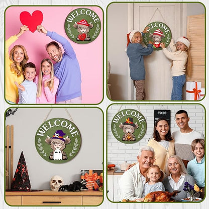 35 Pcs Christmas Interchangeable Highland Cow Welcome Sign Highland Cow Seasonal Wooden Hanging Door Decor Thanksgiving Farmhouse Hanging Sign for Front Door Xmas Party Decoration Gift(Grass Green)