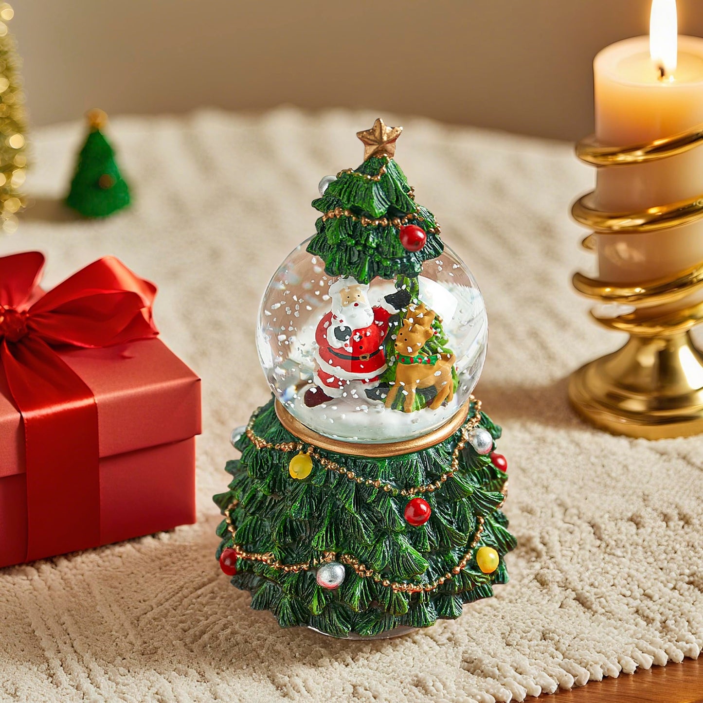 LOVE FOR YOU Gift Wrapped Christmas Tree Snow Globe Music Box Santa Claus Reindeer Festival Xmas Indoor Home Decoration Ornament Holiday Party Gifts