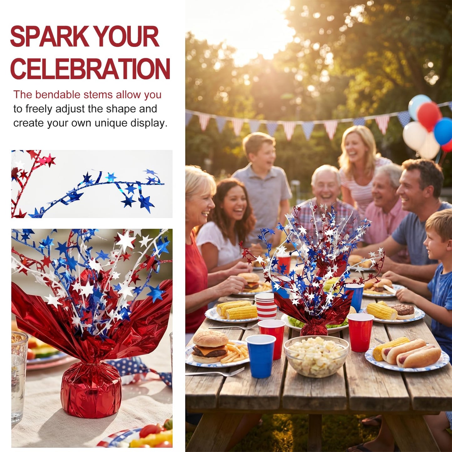 6pcs 4th of July Table Centerpiece Decoration Patriotic Metallic Foil Spray Star Burst Decoration for Independence Day 250th Anniversary Memorial Labor Veteran Day Red White Blue