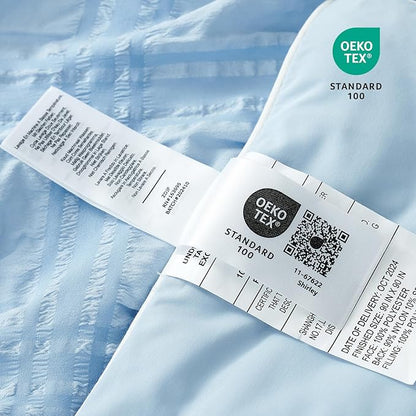 Cozy Bliss Cooling Comforter Twin Size Seersucker Plaid, Q-Max 0.4 Reversible Lightweight Cooling Blanket, Breathable Silk Smooth Summer Bedding Quilt for Hot Sleepers Night Sweats Blue