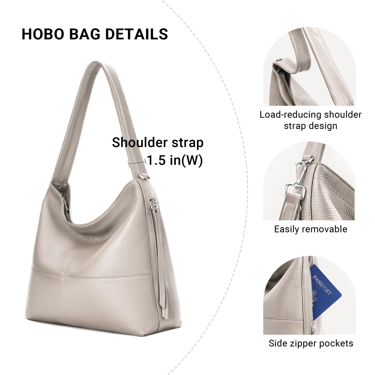 Morriloom Genuine Leather Hobo Bags for Women Crossbody Purses Work Tote Bag Designer Shoulder Handbags with 2 Straps, Gray