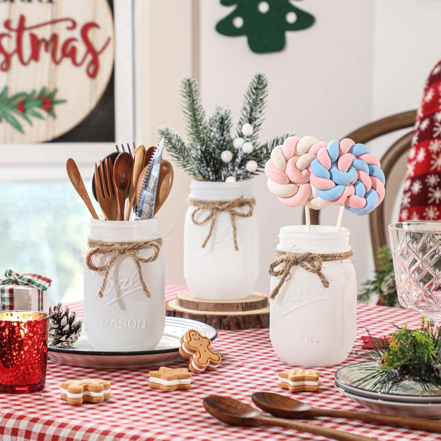 SUPREME LIGHTS ·2017· Christmas Mason Jars, Winter White Mason Jars, Christmas Centerpieces for Home Table Decor, Wood Tray & 3 Decorative Jars, Winter Farmhouse Dining Table Centerpieces Decoration