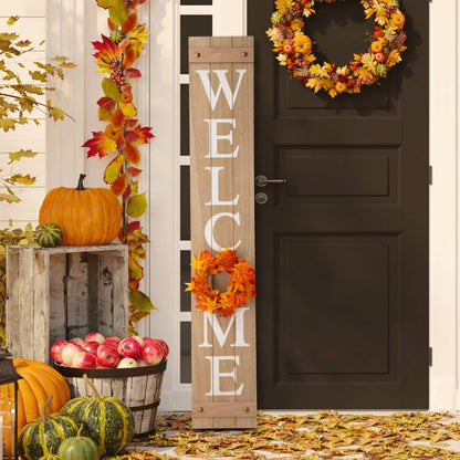 Glitzhome 60”H Welcome Sign with 4 Interchangeable Floral Wreaths for Front Door Porch Farmhouse Wooden Hanging Wall Sign for Seasons Spring Fall Harvest Thanksgiving Christmas