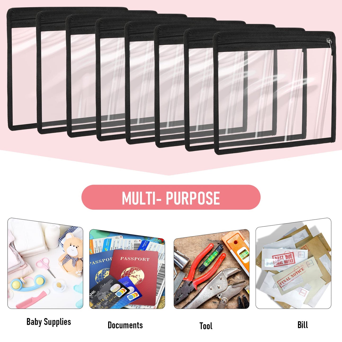 Outus 8 Pcs Clear Zipper Pouches Pencil Pouches PVC Makeup Pouch Envelopes Folder Storage Multi Purpose Pouch Document File Organization Bags, Office Supplies (Black Edgin,13 x 10.5 Inches)