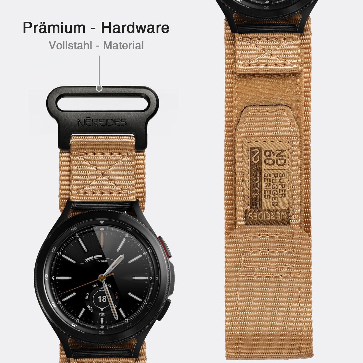 Nereides Band Compatible with Samsung Galaxy Watch 7 6 5 4 40mm 44mm/ Watch 6 4 Classic/Watch 5 Pro/Watch 3 Classic 41mm/Active 2, 20mm Nylon Replacement Sports Strap for Men Women(Light Brown,L)