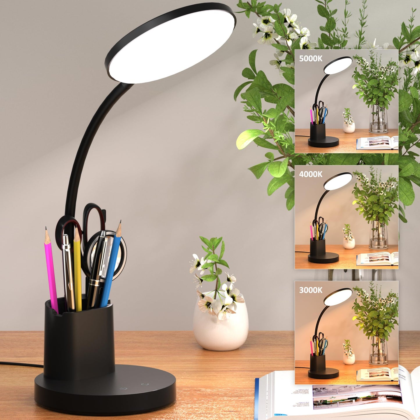Vicsoon Desk Lamp, LED Desk Lamps for Home Office, Touch Table Lamp with 3 Color Modes 360° Adjustable Arm, Dimmable Desk Light with Pen Phone Holder for College Dorm, Black