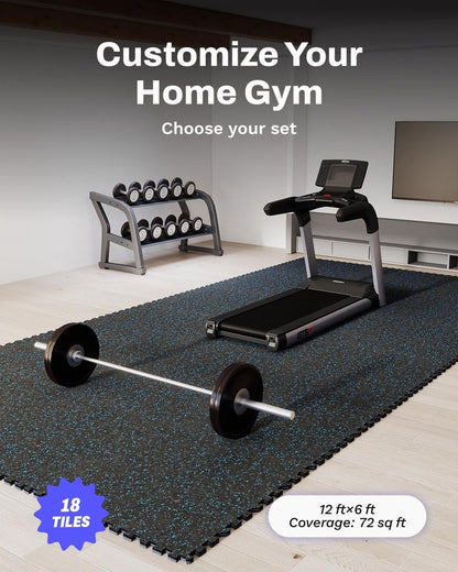 AIRHOP Exercise Mats - 0.79in Thick Interlocking Rubber Tiles | 72 Sq Ft Home Gym Flooring in Black & Blue