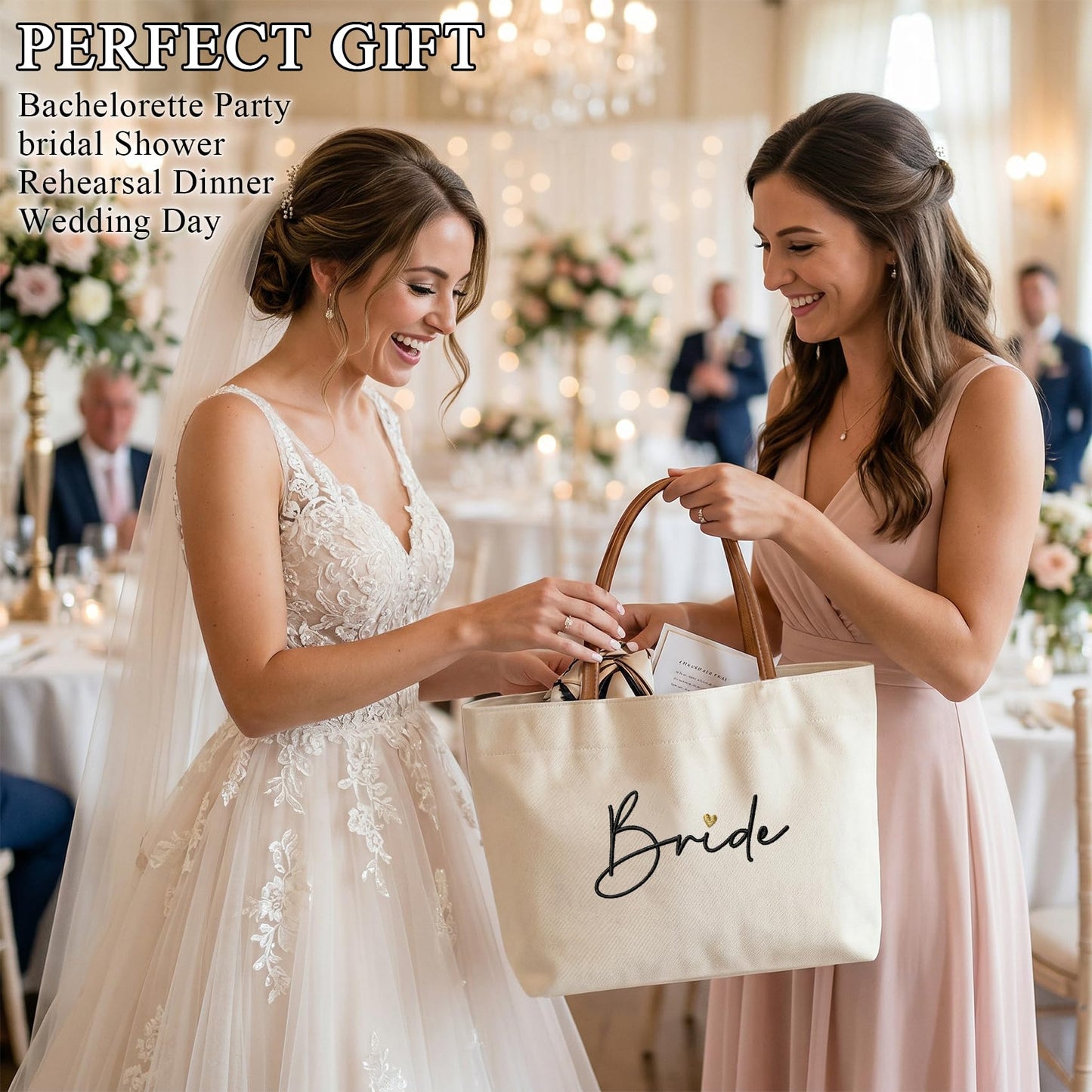 Ugiftcorner Bridal Shower Gifts for Bride Tote Bag, Embroidered Canvas Wedding Essential Bag with Leather Handle & Pocket, Bride to be Gifts, Bachelorette Honeymoon Beach Bag