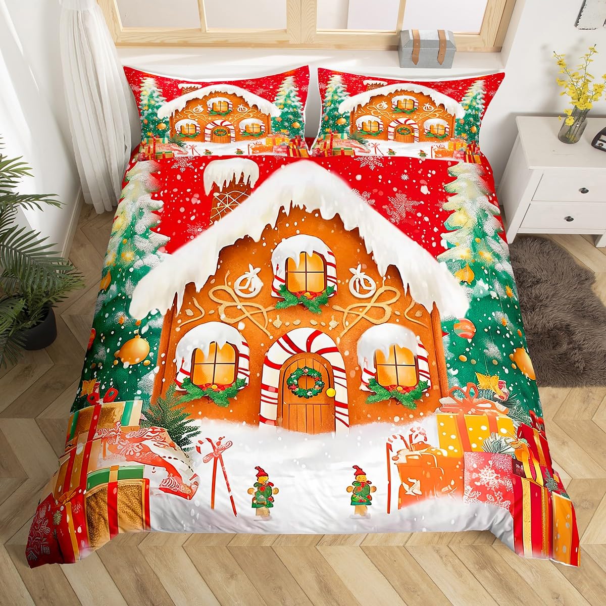 Feelyou Red Christmas Duvet Cover Full Size Kids Candy House Bedding Set Boys Girls Candyland Theme Christmas Wonderland Pine Comforter Cover Set Xmas Tree Happy New Year Bedspread Cover(No Comforter)