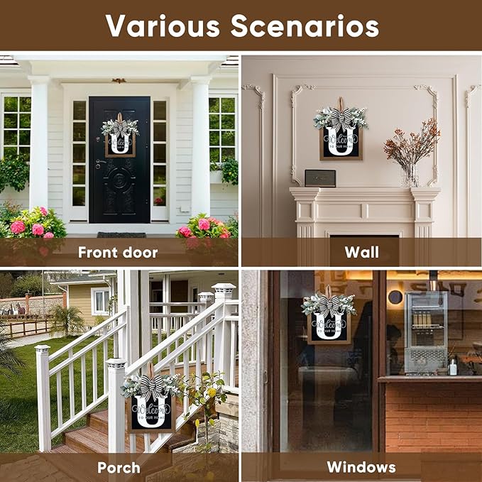 Ultra Large 14'' Last Name All Year Round Front Door Wreath with 26 Initial Letter Welcome Sign All Seasons Eucalyptus Garland and Bow Wreaths for Front Door Porch Farmhouse Decoration (U)