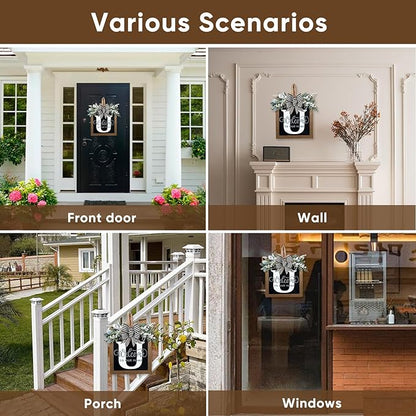 Ultra Large 14'' Last Name All Year Round Front Door Wreath with 26 Initial Letter Welcome Sign All Seasons Eucalyptus Garland and Bow Wreaths for Front Door Porch Farmhouse Decoration (U)