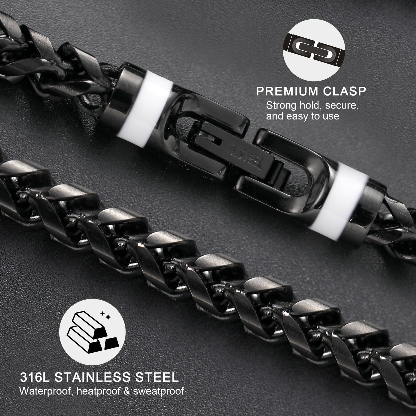 GTMJ 316L Stainless Steel Black Franco Chain Bracelet for men 7.5 Inches