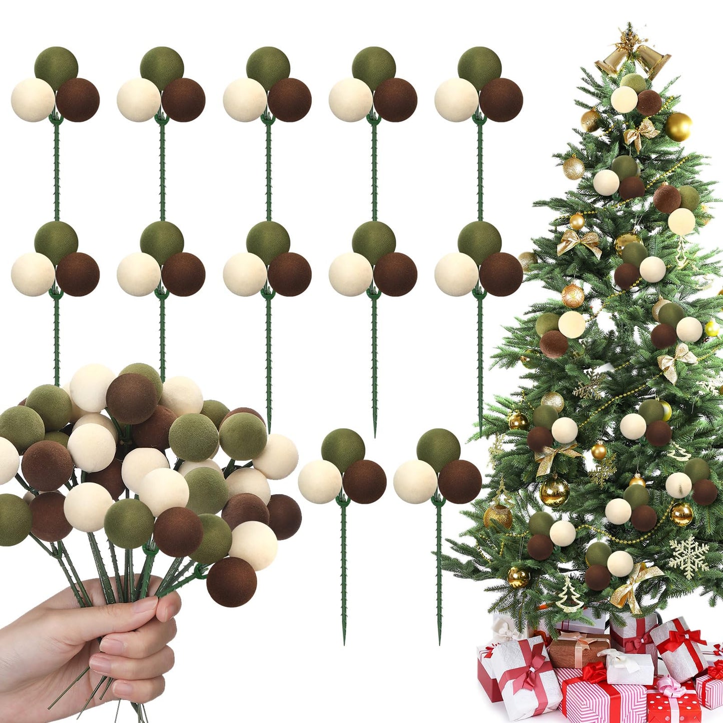 Syhood 12 Set 7.9 Inch Christmas Ball Picks and Sprays Shatterproof Xmas Brown Dark Green Beige Ball Ornaments on Wired Picks for Christmas Tree Vase Wreath Stairs Garland Decoration Supplies