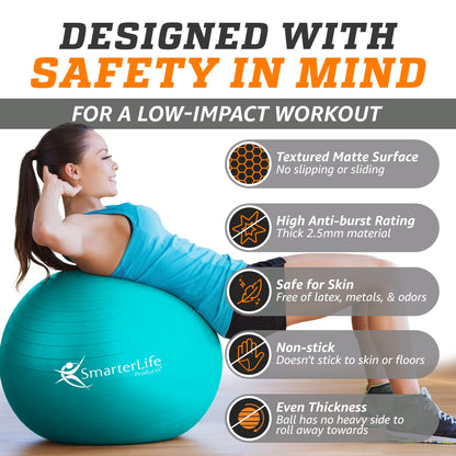 SmarterLife Exercise Ball Yoga Ball for Fitness, Balance, Stability, or Pregnancy, Gym Ball for Core Workout, Physical Therapy, Yoga Ball Chair for Office, Anti-Slip Anti-Burst