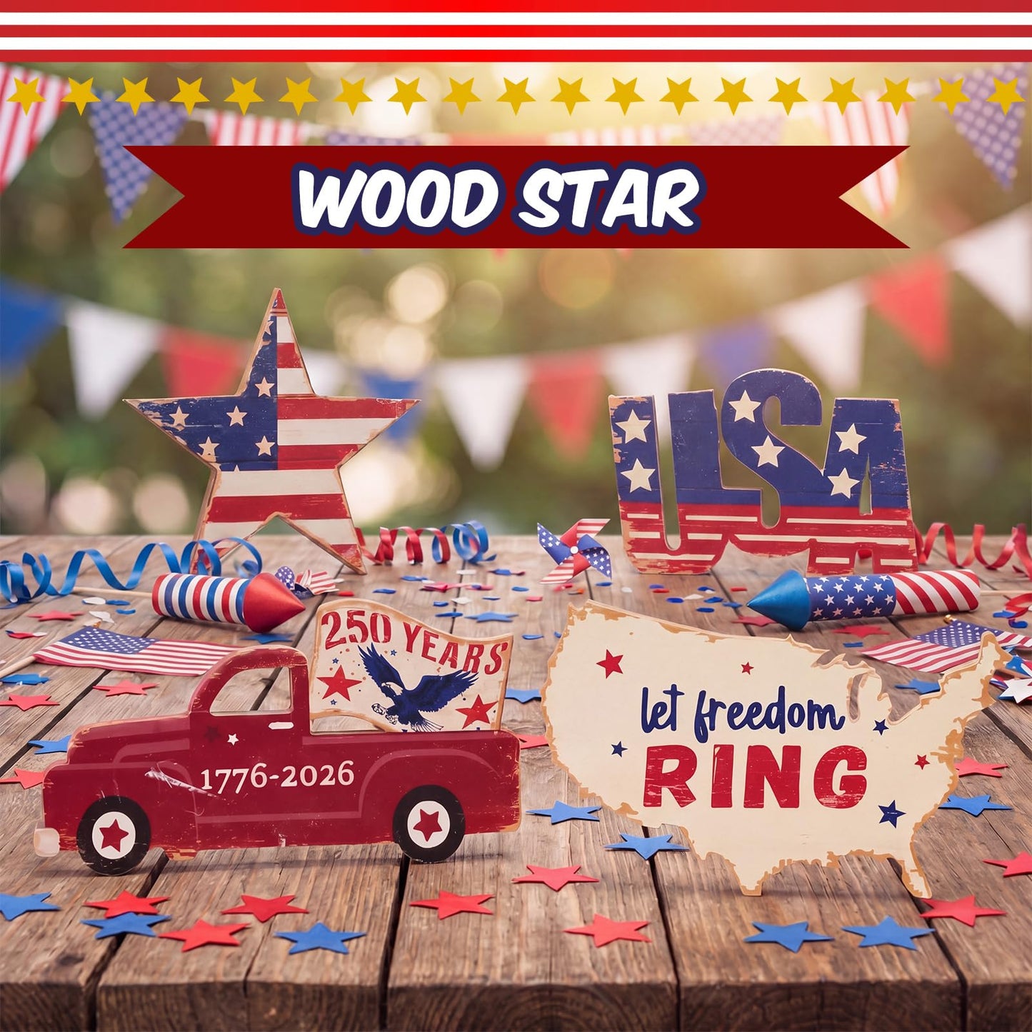 SiliFine 4 Pcs 250th Anniversary Table Decorations 4th of July Wooden Tabletop Centerpieces, Patriotic Star Car USA Tabletop Sign Red White Blue Table Topper for Independence Day
