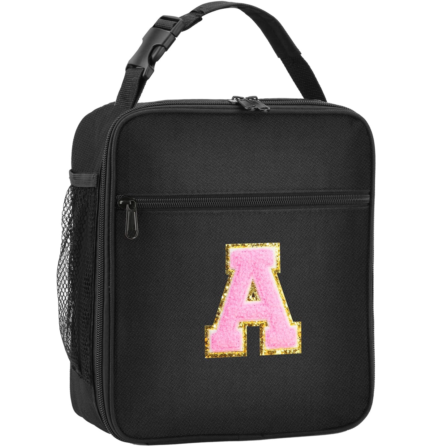 Initial Insulated Lunch Bag, Lunch Box with Initial Letter Patch for Teen Adult, Reusable Lunch Bag for Men Women, Ideal Back to School Gift Back to School Gift Birthday Gift, Pink A