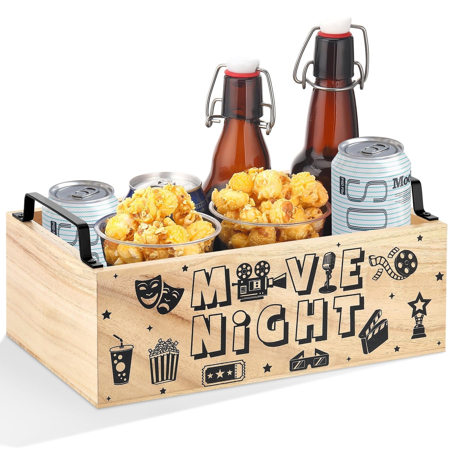 Sliner Movie Night Snack Trays with Handles Reusable Wood Movie Gift Basket Popcorn Bucket Bowl Box Container for Cinema Party Family Theater Christmas Countertop Chips Candy Popcorn Kitchen Supplies
