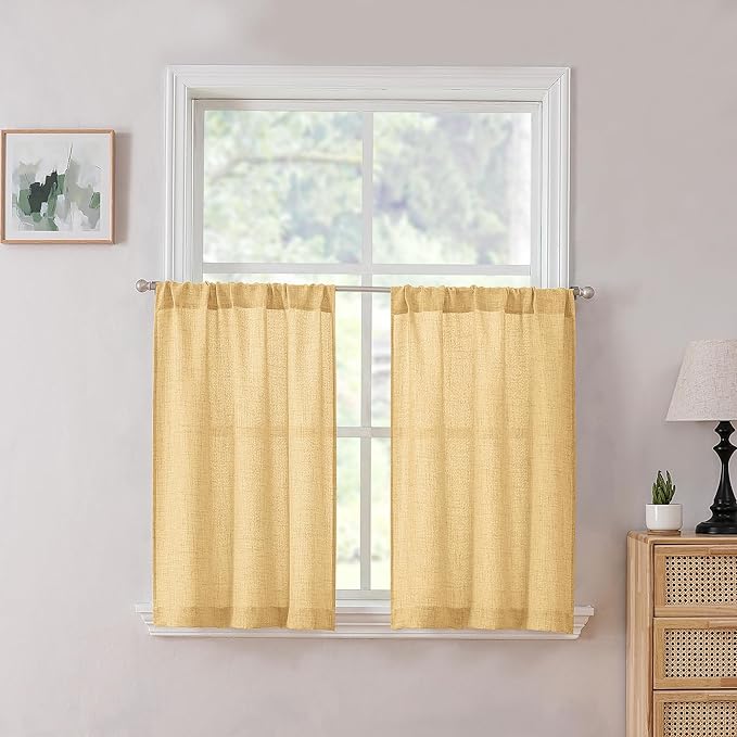 Tollpiz Linen Tier Curtains Rod Pocket Semi Sheer Short Kitchen Curtain Half Burlap Light Filtering Thick Linen Drape for Bathroom, 30 x 30 inches Long, Beige, Set of 2 Panels