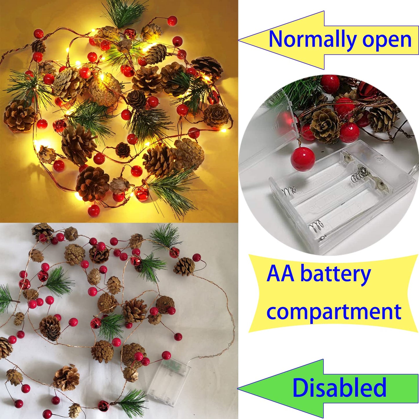 Christmas 10 Ft 30 LED Garland with Lights, Pine Cone Decorations for Home Interior, Fireplace, Stair