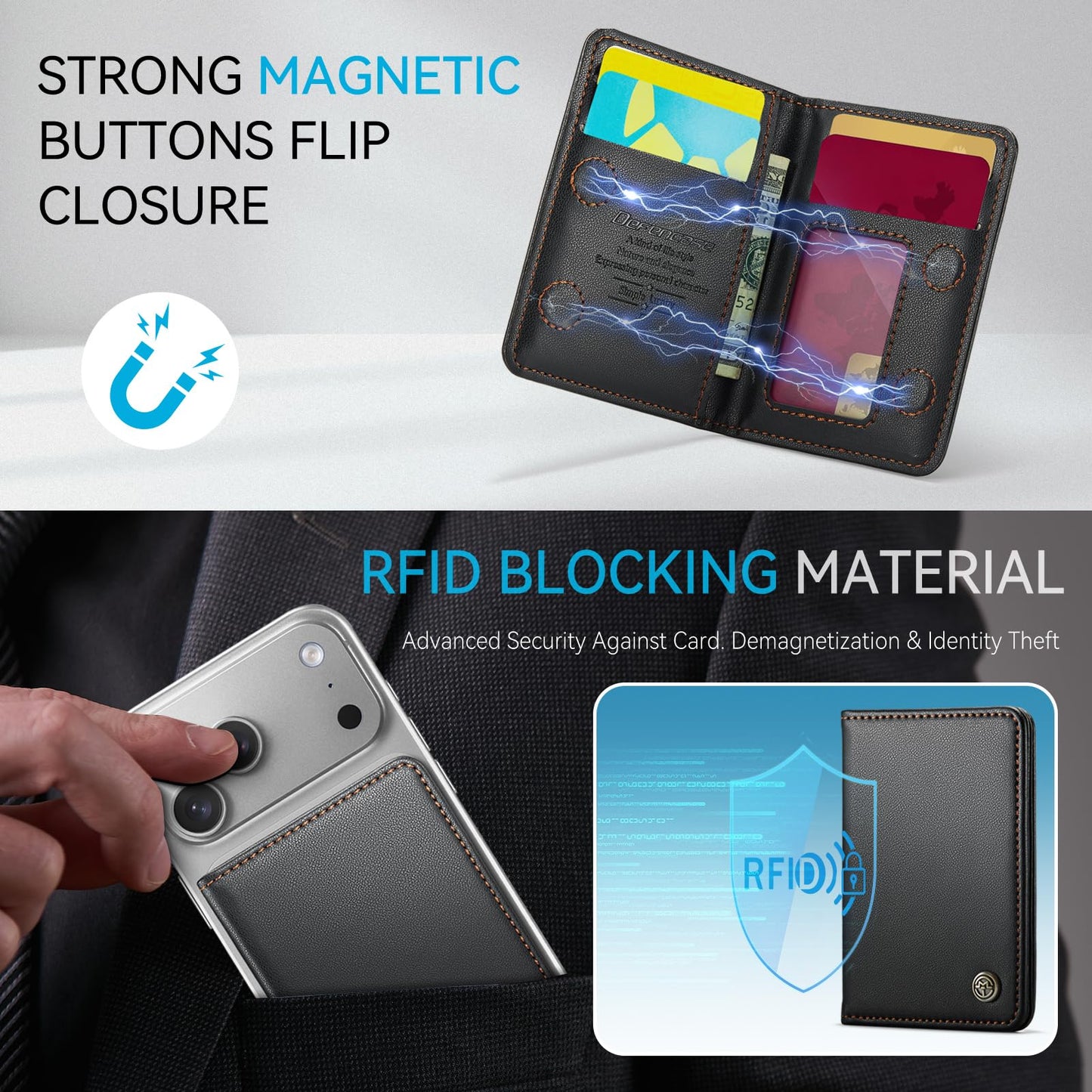 Defencase for Magsafe Wallet Magnetic Card Holder RFID Blocking, PU Leather Minimalist Phone Wallet for MagSafe Phones and Cases for iPhone 17/16/ 15/14/ 13/12/ Pro/Max/Plus/Air, Black