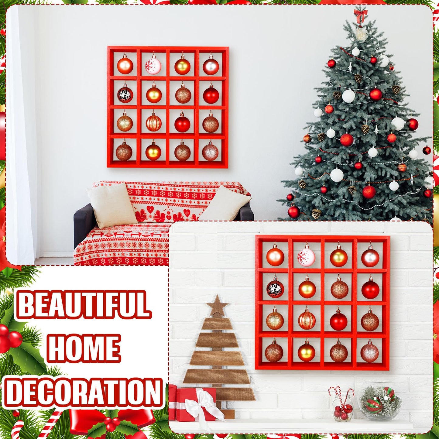 Cinnvoice Christmas Holiday Ornament Displays Rack Wooden Hanging Stand Holder Hanger for Christmas Ball Display Shelf Cabinet for Craft DIY Wall Decorations Gift(Red,16 Compartment)
