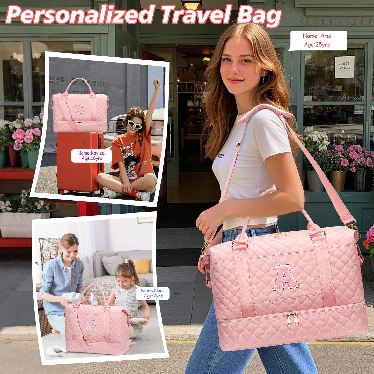 CLOUDWINGS Gifts for Women Girls Initial Travel Duffle Bag Quilted Weekender Carry-On Overnight with Cosmetic Bag, Gym Bag with Shoe Compartment Hospital Bag for Labor Delivery, Pink E
