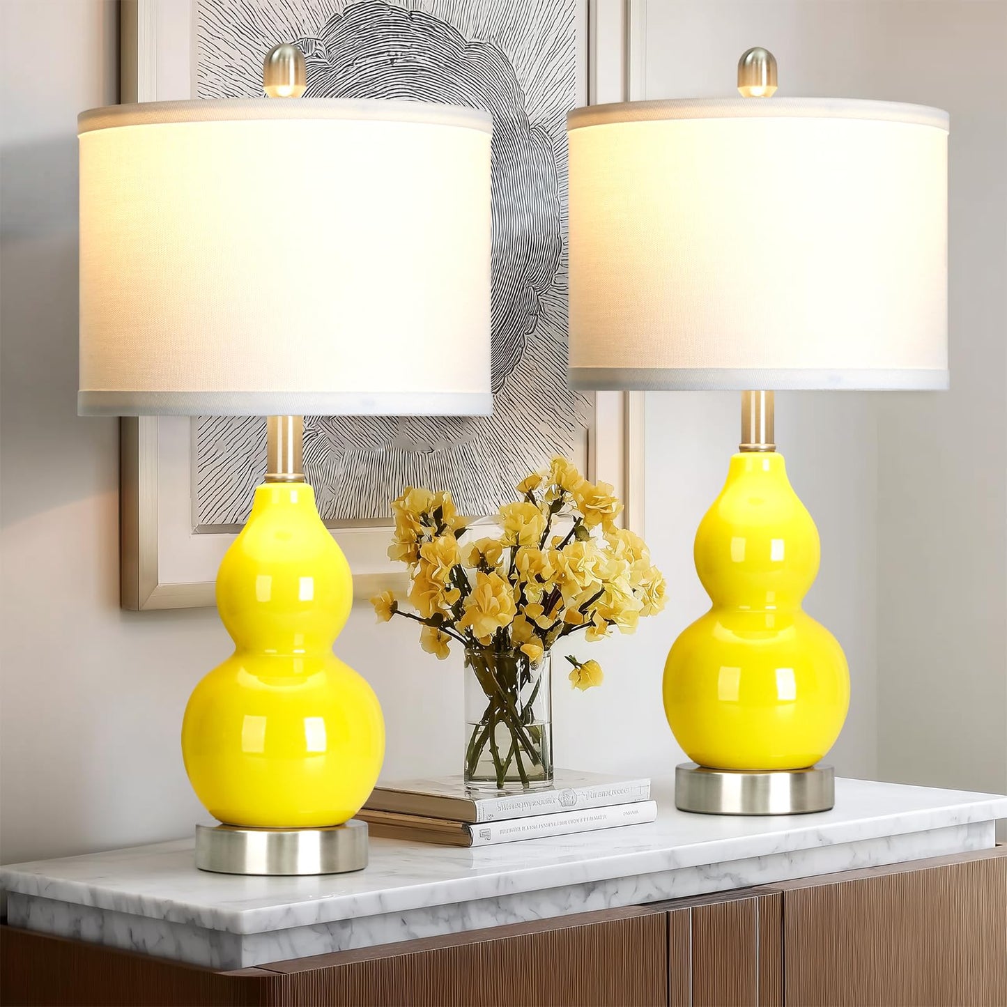 luxeflow Double Gourd Ceramic Table Lamps Set of 2, Yellow Modern Bedside Lamps for Living Room, Contemporary Nightstand Desk Lamps for Bedroom End Table Home Office Decor(2 LED Bulbs Included)