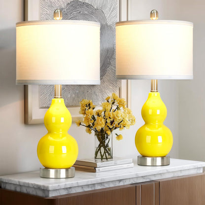 luxeflow Double Gourd Ceramic Table Lamps Set of 2, Yellow Modern Bedside Lamps for Living Room, Contemporary Nightstand Desk Lamps for Bedroom End Table Home Office Decor(2 LED Bulbs Included)