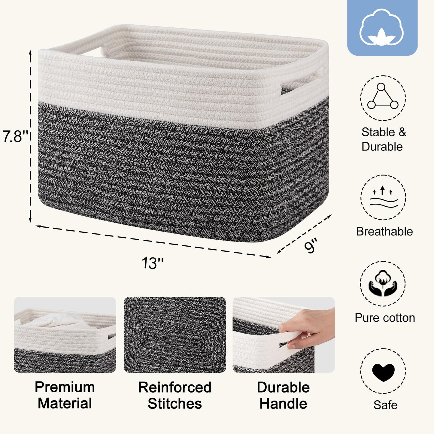 SIXDOVE 4 Pack Storage Baskets for Organizing, Woven Baskets for Shelves - Perfect for Toys, Books, Towels, and Clothes, Durable Gift Basket Bins Toy Storage, 12.7''Lx9''Wx7.8''H, Black & White