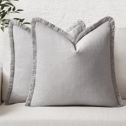 MIULEE Decorative Throw Pillow Covers Neutral Linen Fringe Throw Pillows Set of 2 Light Grey Boho Farmhouse Cushion Covers with Tassels for Couch Sofa Bed Living Room Spring Home Decor 18x18 Inch