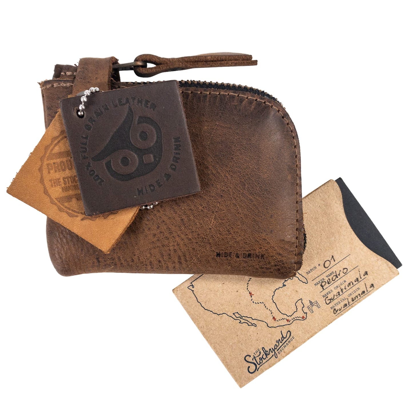 Hide & Drink, Leather Zippered Wallet, Holds Up to 6 Cards Plus Folded Bills, Pouch Organizer, Cash Holder, Travel Essentials, Mini, Pocket-Size, Handmade (Bourbon Brown)