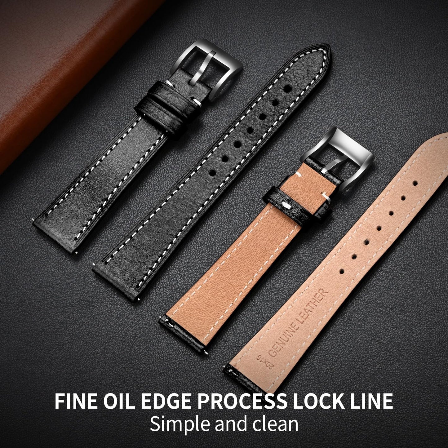 ULLCHRO Leather Watch Straps for Men & Women - Quick Release - Stainless Steel Buckle - Replacement Strap - Band With 17mm, 18mm, 19mm, 20mm, 21mm, 22mm (22mm, Black)