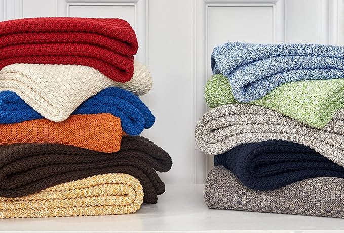 Longhui bedding Cream Knitted Throw Blanket for Couch, Soft, Cozy Machine Washable 100% Cotton Sofa Knit Blankets, Heavy 3.0lb Weight, 51 x 63 Inches, Beige Color