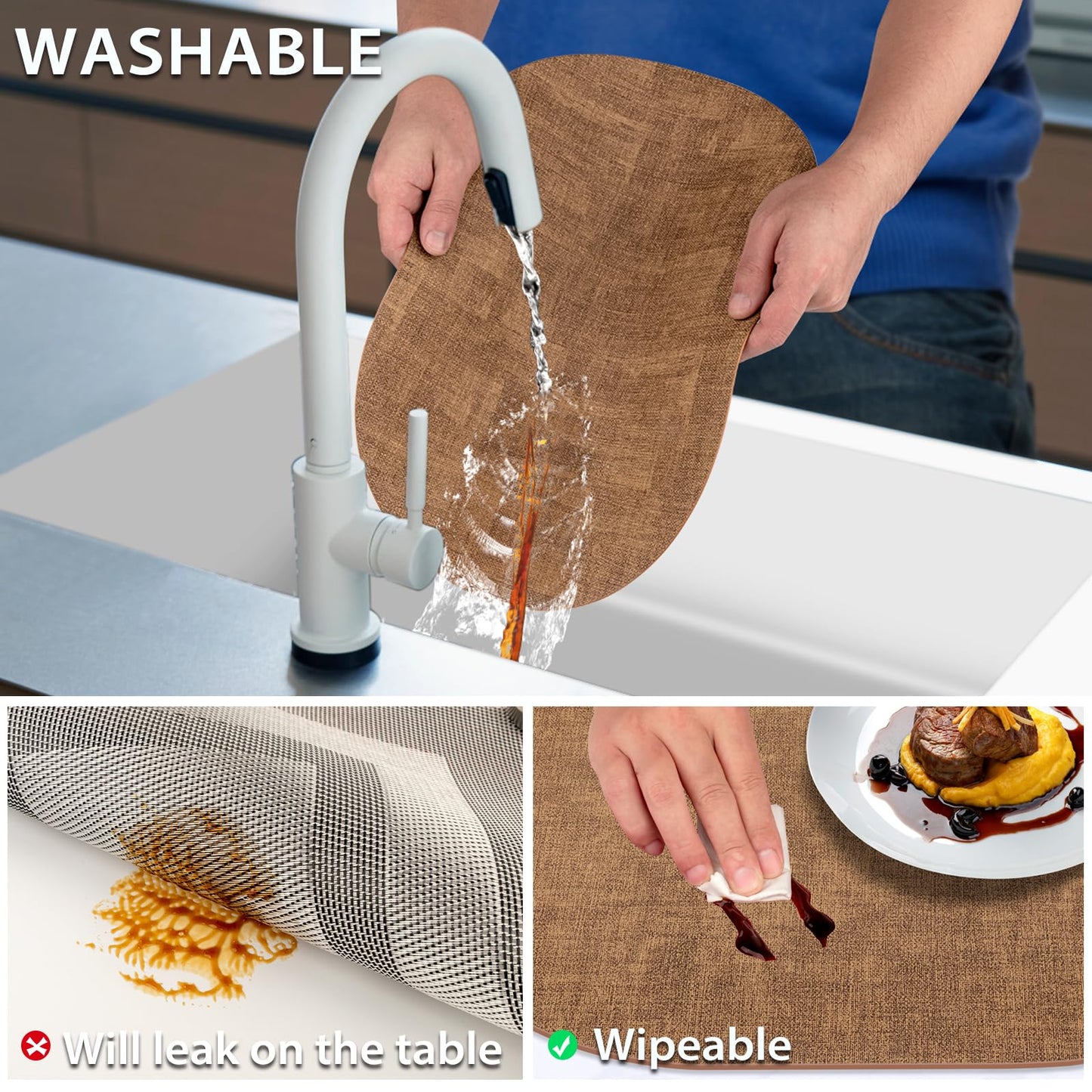 BARTHKIT Placemats Set of 6 - Washable Heat Resistant Table Placemats - Wipeable Faux Leather Oval Place Mats, Waterproof Table Mats for Dining Table, Brown