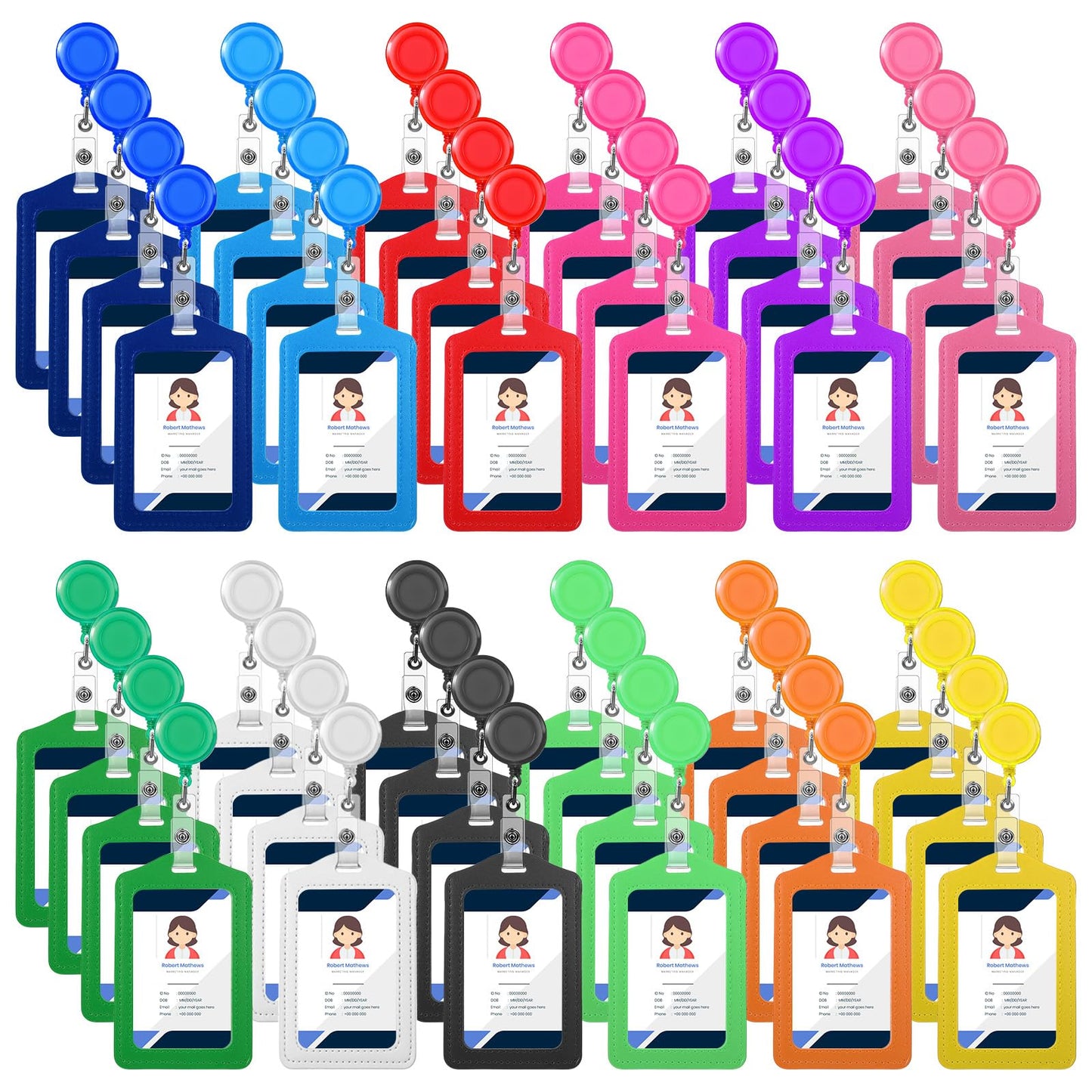 48 Sets Retractable Badge Reels with PU Leather ID Card Holders, Multicolor Vertical Badge Holder Reel Clip for Office, Nurse, Teacher, Doctor