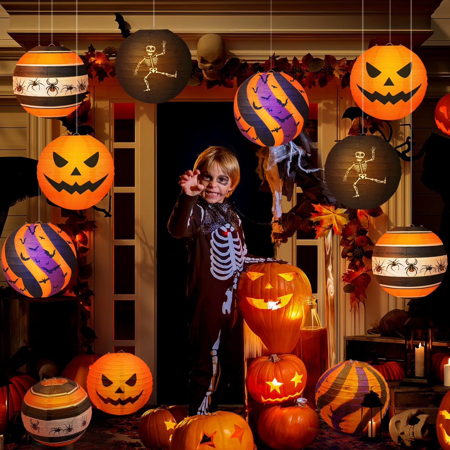 Halloween Paper Lanterns, 12 PCS Halloween Hanging Paper Lanterns, Orange Black Purple Spider Skeleton Bat Lanterns for Halloween Party Decorations Indoor Outdoor Spooky Home Decor