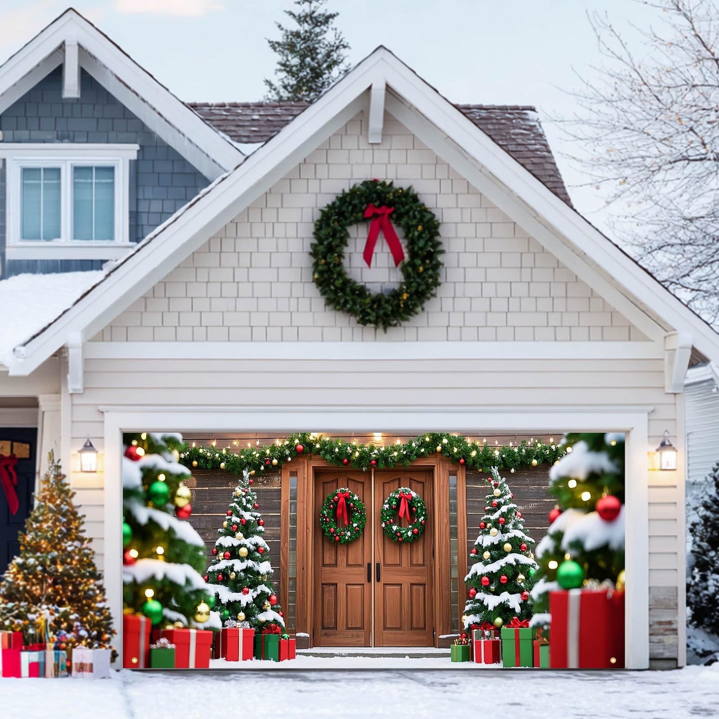 HOMETITUTE Christmas Garage Entryway Banner 13x6ft Rustic Wood Entryway Scene with Festive TreesGift Boxes Snowflakes Lights Outdoor Holiday Yard Display Backdrop Photo Background